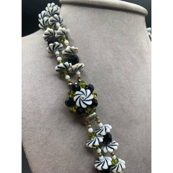 Double Strand Retro Necklace Flower Beads Plastic Glass Green White Black Gold - Picture 8 of 10